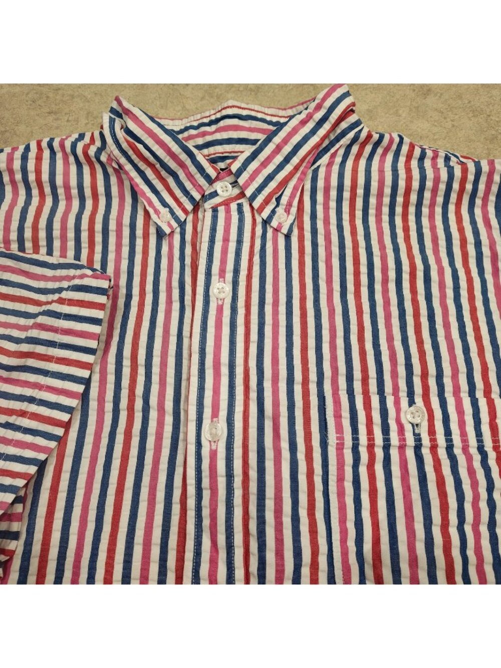 Lands' End Seersucker Shirt Mens XL Red Blue Stripe Button Down Short Sleeve